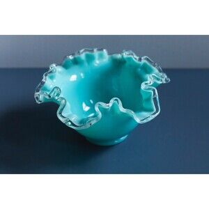 Vintage Fenton Silver Crest Turquoise Blue Art Glass Ruffled Candy Dish Bowl MCM